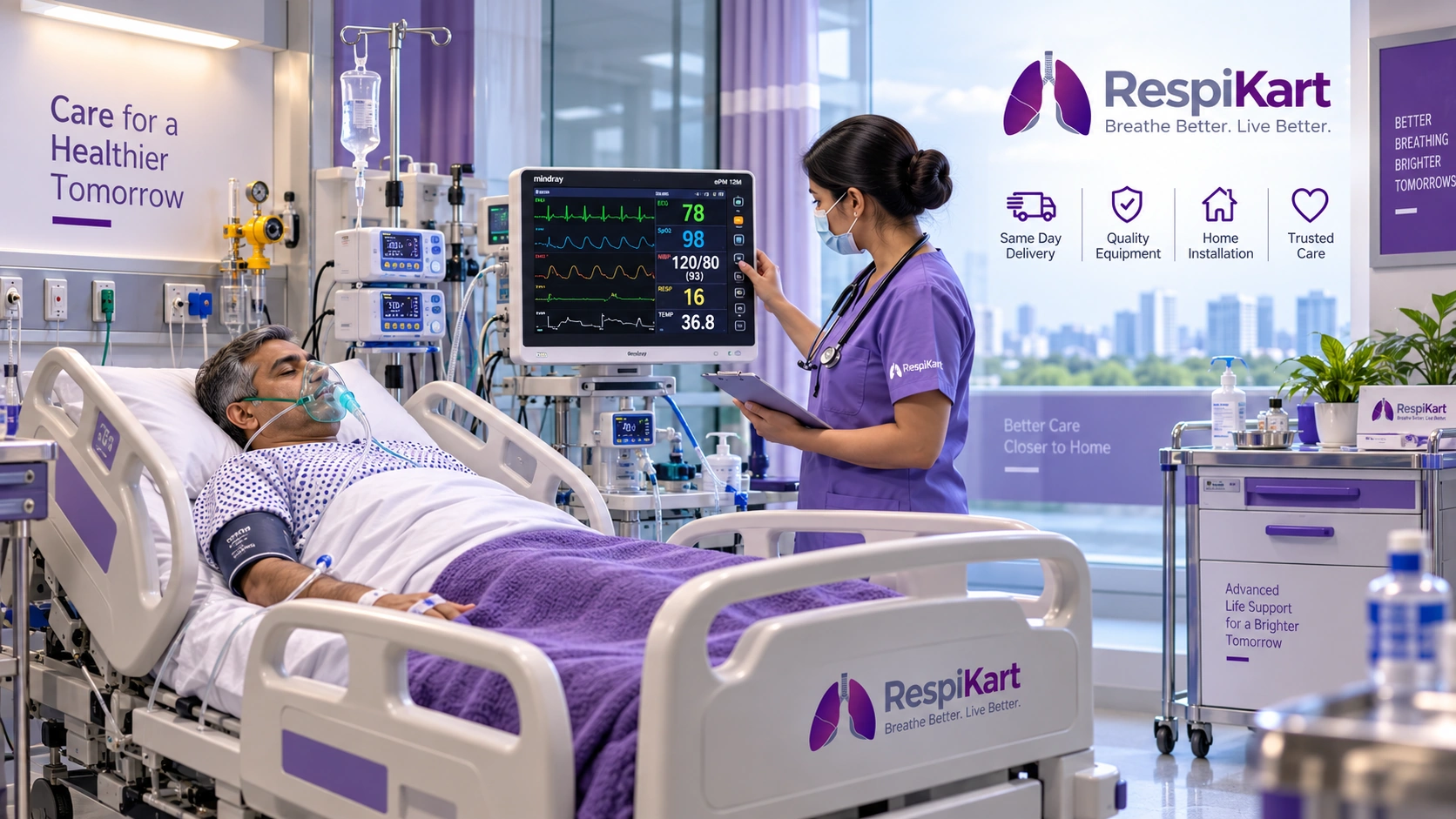 ICU patient monitor setup in hospital critical care environment